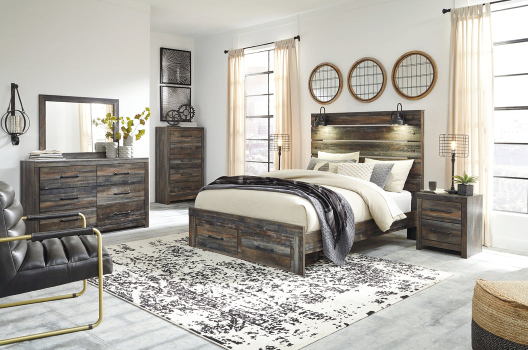 Drystan Queen Panel Bed with 2 Storage Drawers with Mirrored Dresser and Chest