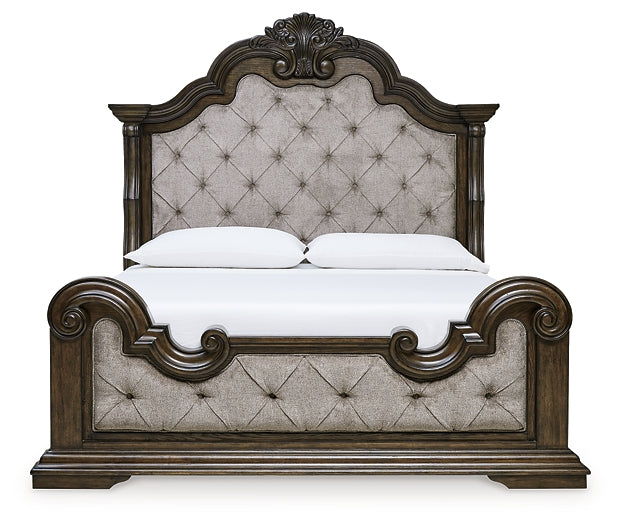Maylee Queen Upholstered Bed with Mirrored Dresser and Nightstand