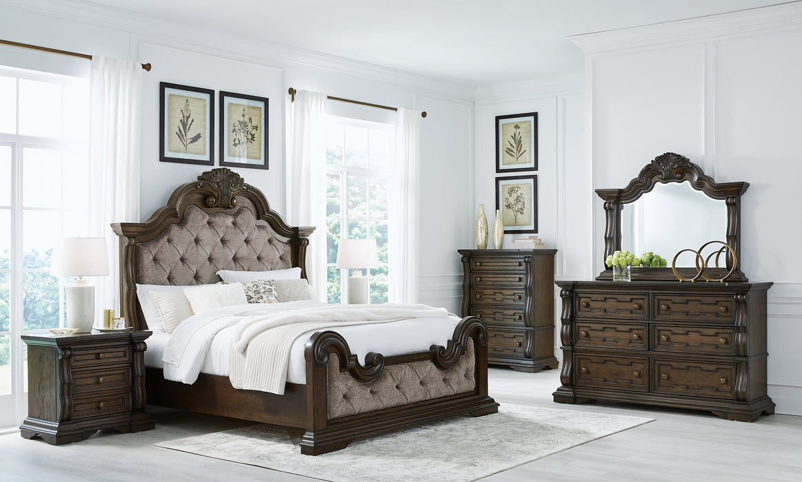 Maylee Queen Upholstered Bed with Mirrored Dresser and Nightstand