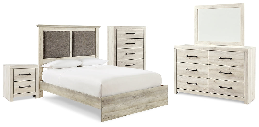 Cambeck Queen Upholstered Panel Bed with Mirrored Dresser, Chest and Nightstand