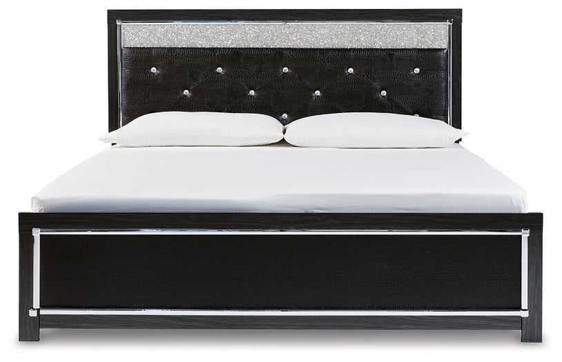 Kaydell King Upholstered Panel Platform Bed with Mirrored Dresser, Chest and 2 Nightstands