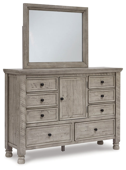 Harrastone Queen Panel Bed with Mirrored Dresser and 2 Nightstands